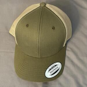 The Authentic Yupoong Mesh Trucker Hat Snap Back in Olive Green with Beige Mesh